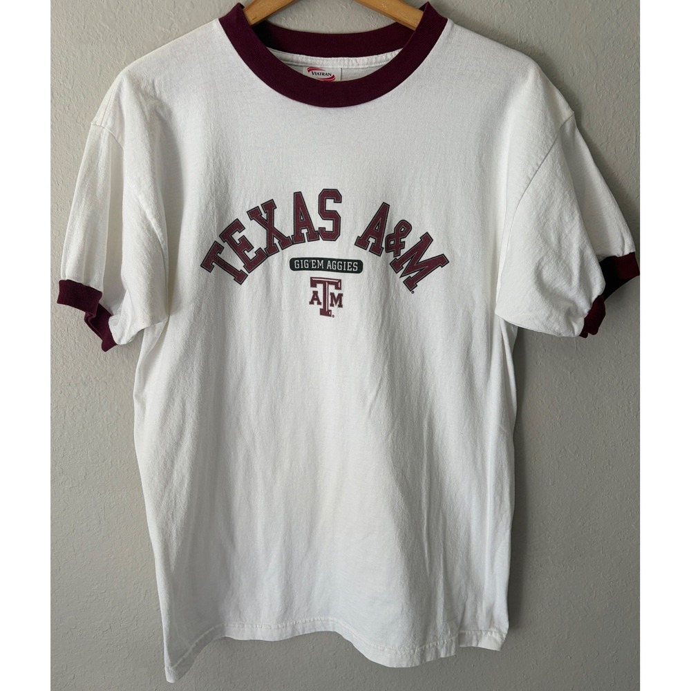 Viatran Mens Texas A&M Gig'em Aggies Ringer T-Shirt Large Vintage Collegiate Tee
